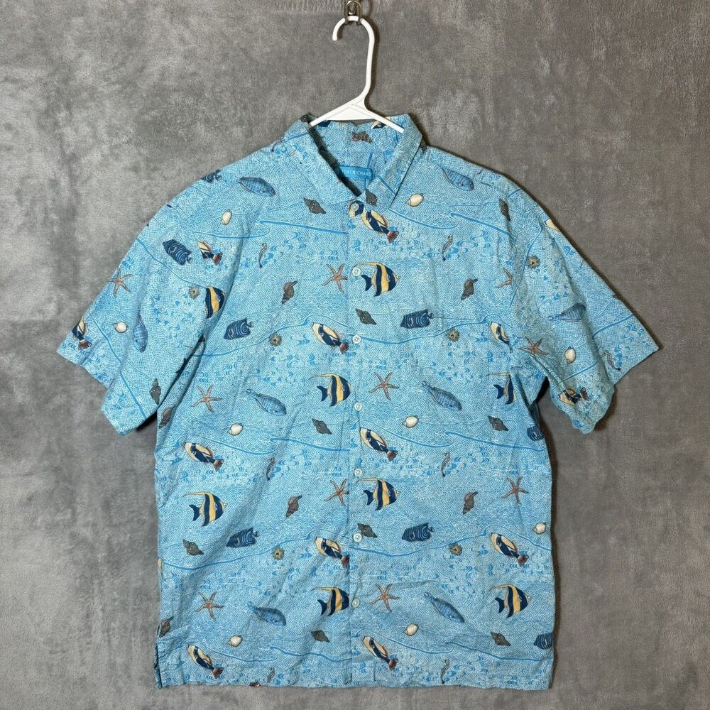 Tori Richard Hawaiian Shirt Men L Blue Ocean Fish Starfish Seashell Button Up